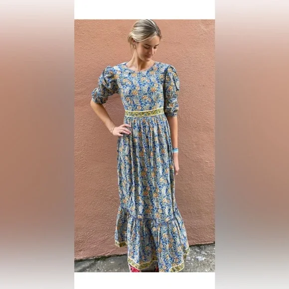 Madison Mathews || Perrin Maxi Dress Open Bsck Block Print Floral Tassels Blue S - Picture 12 of 12